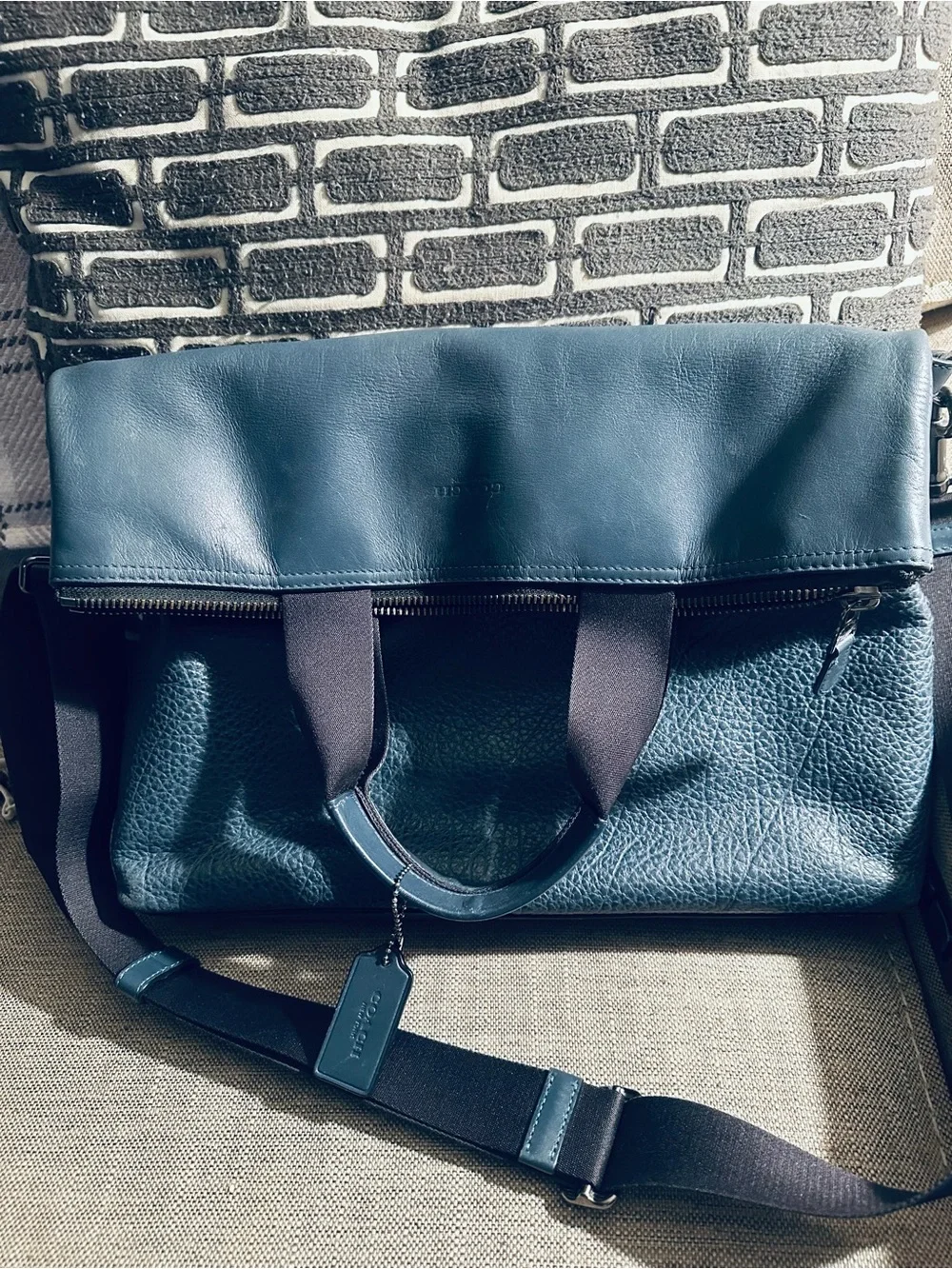 Coach Men's Leather Tote Bag in Navy Blue